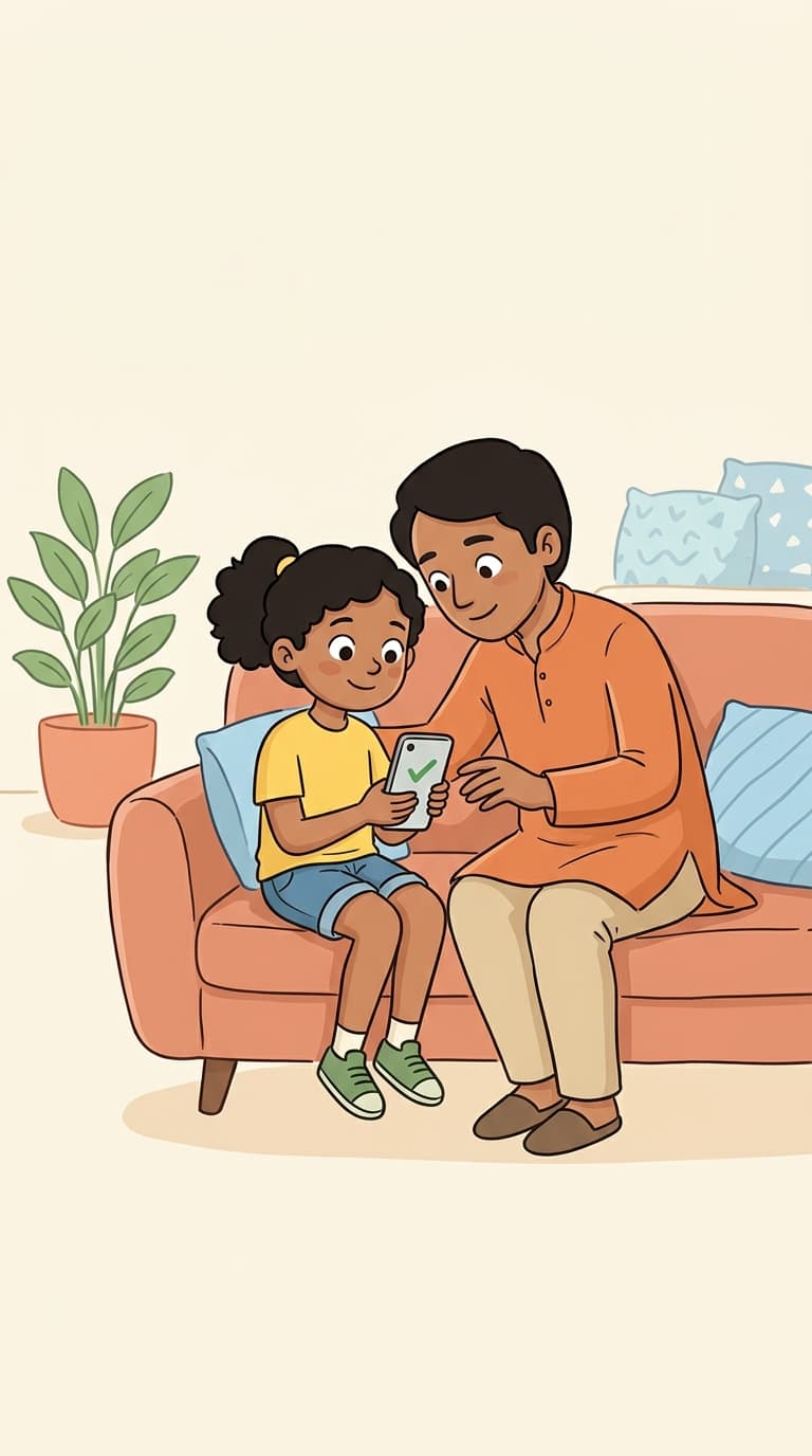 Parent and child exploring money adventures on a phone
