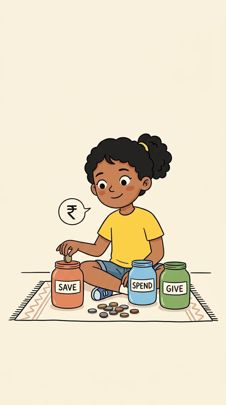 A child learning to save with three money jars